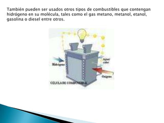 También pueden ser usados otros tipos de combustibles que contengan hidrógeno en su molécula, tales como el gas metano, metanol, etanol, gasolina o diesel entre otros.