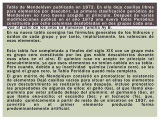 Tabla de Mendeléyev publicada en 1872. En ella deja casillas libres
para elementos por descubrir. La primera clasificación periódica de
Mendeiéyev no tuvo buena acogida al principio. Después de varias
modificaciones publicó en el año 1872 una nueva Tabla Periódica
constituida por ocho columnas desdobladas en dos grupos cada una.
Que al cabo de los años se llamaron familia Ay B.
En su nueva tabla consigna las fórmulas generales de los hidruros y
óxidos de cada grupo y por tanto, implícitamente, las valencias de
esos elementos.
Esta tabla fue completada a finales del siglo XIX con un grupo más
es grupo cero constituido por los gas noble descubiertos durante
esos años en el aire. El químico ruso no acepto en principie tal
descubrimiento, ya que esos elementos no tenían cabida en su tabla.
Pero cuando, debido a su inactividad química (valencia cero), se les
asignó el grupo cero, la Tabla Periódica quedó más completa.
El gran mérito de Mendeléyev consistió en pronosticar la existencia
de elementos Dejó casillas vacías para situar en ellas los elementos
cuyo descubrimiento se realizaría años después, incluso pronostico
las propiedades de algunos de ellos: el gallo (Ga), al que llamó eka-
aluminio por estar sitiado debajo del aluminio: el germanio (Ge), al
que llamo eka-sicílio; el escandio (Se); y el tecnecio (Te), que,
aislado químicamente a partir de resto de un sincotron en 1937, se
convirtió en el primer elemento producido forma
predominantemente artificial.
 