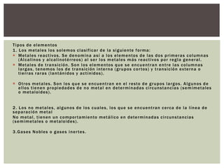 Tipos de elementos
1. Los metales los solemos clasificar de la siguiente forma:
 Metales reactivos. Se denomina así a los elementos de las dos primeras columnas
(Alcalinos y alcalinotérreos) al ser los metales más reactivos por regla general.
 Metales de transición. Son los elementos que se encuentran entre las columnas
largas, tenemos los de transición interna (grupos cortos) y transición externa o
tierras raras (lantánidos y actínidos).
 Otros metales. Son los que se encuentran en el resto de grupos largos. Algunos de
ellos tienen propiedades de no metal en determinadas circunstancias (semimetales
o metaloides).
2. Los no metales, algunos de los cuales, los que se encuentran cerca de la línea de
separación metal
No metal, tienen un comportamiento metálico en determinadas circunstancias
(semimetales o metaloides).
3.Gases Nobles o gases inertes.
 