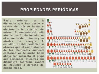 Radio atómico: es la
distancia que hay desde el
centro del núcleo hasta el
electrón más externo del
mismo. El aumento del radio
atómico está relacionado con
el aumento de protones y los
niveles de energía. Al
estudiar la tabla periódica se
observa que el radio atómico
de los elementos aumenta
conforme va de arriba hacia
abajo con respecto al grupo
que pertenece, mientras que
disminuye conforme avanza
de izquierda a derecha del
mismo modo.
PROPIEDADES PERIÓDICAS
 