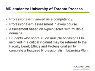 MD students: University of Toronto Process
• Professionalism viewed as a competency.
• Professionalism assessment in every course.
• Assessment based on 5-point scale with multiple
domains.
• Students who score <3 on multiple occasions OR
involved in a critical incident may be referred to the
Faculty Lead, Ethics and Professionalism to
complete a Focused Professionalism Learning Plan.
 