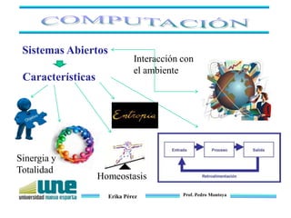 Erika Pérez Prof. Pedro Montoya
Sistemas Abiertos
Interacción con
el ambiente
Características
Homeostasis
Sinergia y
Totalidad
 