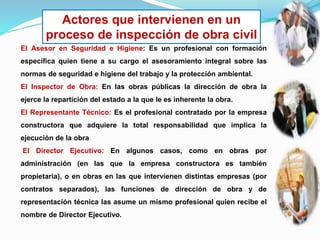 Actores que intervienen en un
proceso de inspección de obra civil
El Asesor en Seguridad e Higiene: Es un profesional con formación
específica quien tiene a su cargo el asesoramiento integral sobre las
normas de seguridad e higiene del trabajo y la protección ambiental.
El Inspector de Obra: En las obras públicas la dirección de obra la
ejerce la repartición del estado a la que le es inherente la obra.
El Representante Técnico: Es el profesional contratado por la empresa
constructora que adquiere la total responsabilidad que implica la
ejecución de la obra
El Director Ejecutivo: En algunos casos, como en obras por
administración (en las que la empresa constructora es también
propietaria), o en obras en las que intervienen distintas empresas (por
contratos separados), las funciones de dirección de obra y de
representación técnica las asume un mismo profesional quien recibe el
nombre de Director Ejecutivo.
 