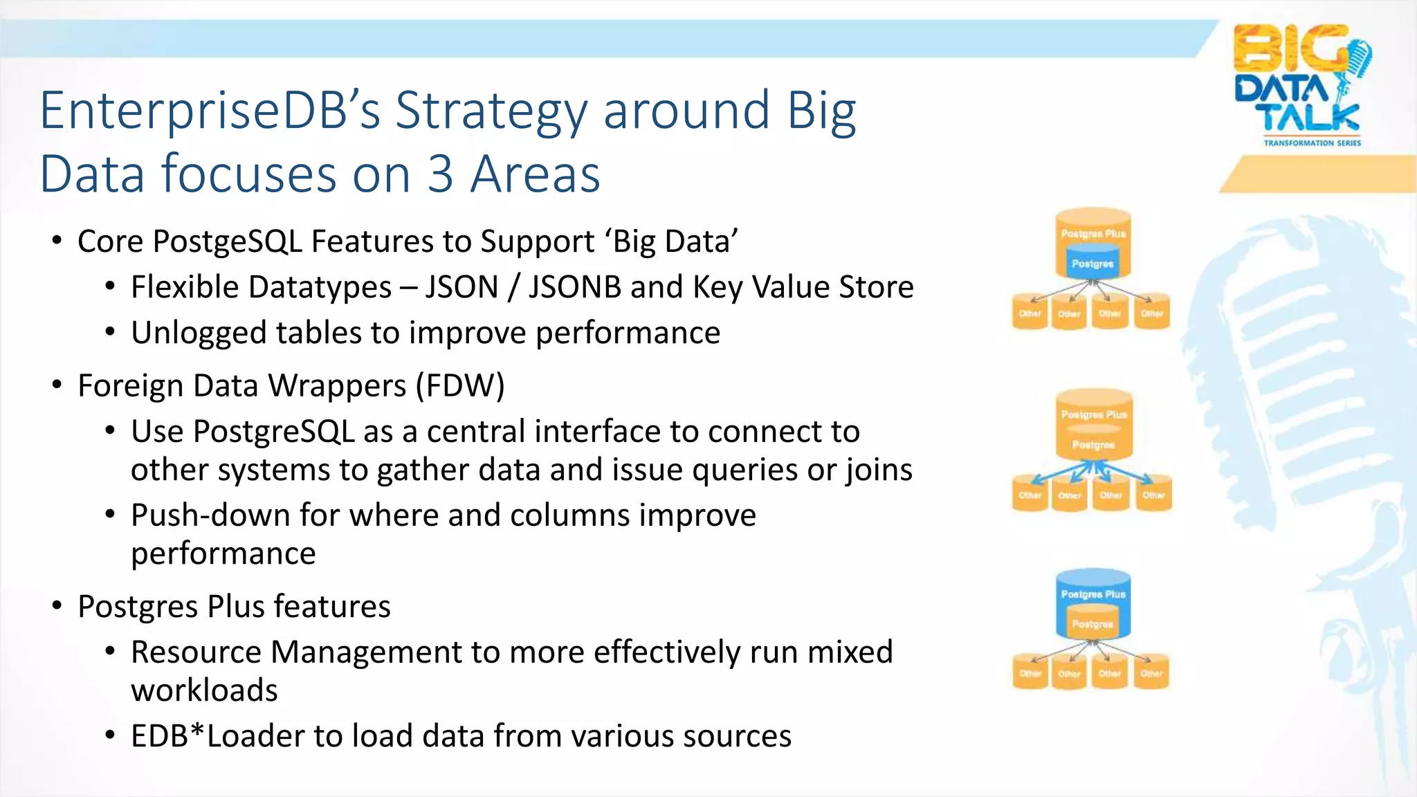 EnterpriseDB’s Strategy around Big
Data focuses on 3 Areas
• Core PostgeSQL Features to Support ‘Big Data’
• Flexible Datatypes – JSON / JSONB and Key Value Store
• Unlogged tables to improve performance
• Foreign Data Wrappers (FDW)
• Use PostgreSQL as a central interface to connect to
other systems to gather data and issue queries or joins
• Push-down for where and columns improve
performance
• Postgres Plus features
• Resource Management to more effectively run mixed
workloads
• EDB*Loader to load data from various sources
 