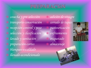  Los tipos de fermentación más utilizados por el hombre son la fermentación alcohólica y la fermentación láctica. VEGETALES EN CONSERVAPara preparar y elaborar Vegetales o Pickles en Conserva de buena calidad son necesarios algunos e importantes cuidados, de entre los cuales podemos citar: a) Higiene y manipulación muy rigorosa en el local de preparación.b) Un personal equipado, adecuado y capacitado en sus funciones,c) Los equipos y maquinas deben apropiados para todo los procesos.d) Sus utensilios deben ser apropiados y esterilizados para ser utilizadose) Una selección rigorosa de la materia prima, que es esencial para la obtención de productos finales de calidad y aceptación comercial.  