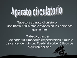   
Tabaco y aparato circulatoro:
son hasta 150% mas elevados en las personas
que fuman
Tabaco y cancer:
de cada 10 fumadores empedernidos 1 muere
de cancer de pulmòn. Puede absorber 3 litros de
alquitràn por año
 