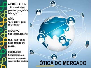 ÓTICA DO MERCADO 
ARTICULADOR 
“Atue em todo o 
processo, sugerindo, 
interagindo... 
ÁGIL 
“Está pronto para 
solucionar.” 
PRÓ-ATIVO 
Não espera, resolve. 
MULTICULTURAL 
Sabe de tudo um 
pouco. 
SOCIÓLOGO 
Compreende os 
comportamentos e 
movimentos sociais. 
 