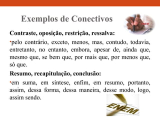 Exemplos de Conectivos
Contraste, oposição, restrição, ressalva:
•pelo contrário, exceto, menos, mas, contudo, todavia,
entretanto, no entanto, embora, apesar de, ainda que,
mesmo que, se bem que, por mais que, por menos que,
só que.
Resumo, recapitulação, conclusão:
•em suma, em síntese, enfim, em resumo, portanto,
assim, dessa forma, dessa maneira, desse modo, logo,
assim sendo.
 