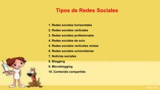 Tipos de Redes Sociales
1. Redes sociales horizontales
2. Redes sociales verticales
3. Redes sociales profesionales
4. Redes sociales de ocio
5. Redes sociales verticales mixtas
6. Redes sociales universitarias
7. Noticias sociales
8. Blogging
9. Microblogging
10. Contenido compartido
 