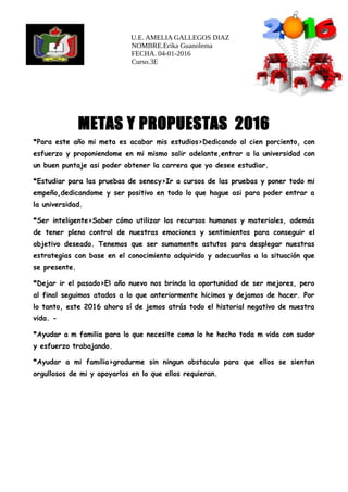 U.E. AMELIA GALLEGOS DIAZ
NOMBRE.Erika Guanolema
FECHA. 04-01-2016
Curso.3E
METAS Y PROPUESTAS 2016
*Para este año mi meta es acabar mis estudios>Dedicando al cien porciento, con
esfuerzo y proponiendome en mi mismo salir adelante,entrar a la universidad con
un buen puntaje asi poder obtener la carrera que yo desee estudiar.
*Estudiar para las pruebas de senecy>Ir a cursos de las pruebas y poner todo mi
empeño,dedicandome y ser positivo en todo lo que hague asi para poder entrar a
la universidad.
*Ser inteligente>Saber cómo utilizar los recursos humanos y materiales, además
de tener pleno control de nuestras emociones y sentimientos para conseguir el
objetivo deseado. Tenemos que ser sumamente astutos para desplegar nuestras
estrategias con base en el conocimiento adquirido y adecuarlas a la situación que
se presente.
*Dejar ir el pasado>El año nuevo nos brinda la oportunidad de ser mejores, pero
al final seguimos atados a lo que anteriormente hicimos y dejamos de hacer. Por
lo tanto, este 2016 ahora sí de jemos atrás todo el historial negativo de nuestra
vida. -
*Ayudar a m familia para lo que necesite como lo he hecho toda m vida con sudor
y esfuerzo trabajando.
*Ayudar a mi familia>gradurme sin ningun obstaculo para que ellos se sientan
orgullosos de mi y apoyarlos en lo que ellos requieran.
 