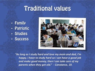 ?
?
?
?



    As long as I study hard and love my mom and dad, Im
       happy. I have to study hard so I can have a good job
       and make good money, then I can take care of my
       parents when they get old. - Constance, 19.
 