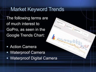 Market Keyword Trends
The following terms are
of much interest to
GoPro, as seen in the
Google Trends Chart:
 Action Camera
 Waterproof Camera
 Waterproof Digital Camera
 