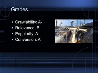 Grades
 Crawlability: A-
 Relevance: B
 Popularity: A
 Conversion: A
 