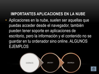 IMPORTANTES APLICACIONES EN LA NUBE
• Aplicaciones en la nube, suelen ser aquellas que
  puedas acceder desde el navegador, también
  pueden tener soporte en aplicaciones de
  escritorio, pero la información y el contenido no se
  guardar en tu ordenador sino online. ALGUNOS
  EJEMPLOS


            EVERNOTE      SPOTIFY      DROPBOX
 