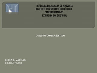 REPÚBLICA BOLIVARIANA DE VENEZUELA
INSTITUTO UNIVERSITARIO POLITÉCNICO
“SANTIAGO MARIÑO”
EXTENSION SAN CRISTÓBAL
CUADRO COMPARATIVO
ERIKA E. VARGAS.
C.I.:25.375.561
 