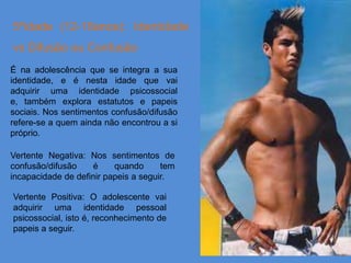 5ºidade (12-18anos): Identidade
vs Difusão ou Confusão
É na adolescência que se integra a sua
identidade, e é nesta idade que vai
adquirir uma identidade psicossocial
e, também explora estatutos e papeis
sociais. Nos sentimentos confusão/difusão
refere-se a quem ainda não encontrou a si
próprio.

Vertente Negativa: Nos sentimentos de
confusão/difusão    é     quando      tem
incapacidade de definir papeis a seguir.

Vertente Positiva: O adolescente vai
adquirir uma identidade pessoal
psicossocial, isto é, reconhecimento de
papeis a seguir.
 