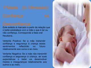 1ºidade (0-18meses):
Confiança                               vs
Desconfiança
Este estádio é marcado a partir da relação que
o bebé estabelece com a mãe o que é ter ou
não confiança. Corresponde a fase oral
freudiana.

Vertente Positiva: Se a mãe transmitir
confiança e segurança à criança esses
sentimentos     reflectirão  no    futuro
relativamente aos ouros e ao meio.

Vertente Negativa: Se a mãe não transmitir
confiança e segurança à criança, as suas
expectativas o bebé vai desenvolver
medos e inseguranças relativamente aos
outros e ao meio.
 