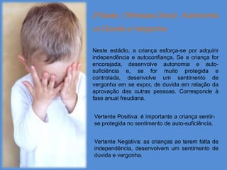 2ºidade (18meses-3nos): Autonomia
vs Dúvida e Vergonha

Neste estádio, a criança esforça-se por adquirir
independência e autoconfiança. Se a criança for
encorajada, desenvolve autonomia e auto-
suficiência e, se for muito protegida e
controlada, desenvolve um sentimento de
vergonha em se expor, de duvida em relação da
aprovação das outras pessoas. Corresponde à
fase anual freudiana.


Vertente Positiva: é importante a criança sentir-
se protegida no sentimento de auto-suficiência.


Vertente Negativa: as crianças ao terem falta de
independência, desenvolvem um sentimento de
duvida e vergonha.
 