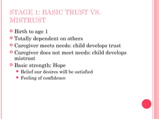 STAGE 1: BASIC TRUST VS.
MISTRUST
 Birth to age 1
 Totally dependent on others
 Caregiver meets needs: child develops trust
 Caregiver does not meet needs: child develops
  mistrust
 Basic strength: Hope
     Beliefour desires will be satisfied
     Feeling of confidence
 