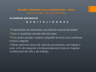 Estadío: intimidad versus aislamiento – amor 
Joven Adulto: de 20 a 30 años 
La madurez psicosexual 
G E N I T A L I D A D E S 
Capacidad de desarrollar una relación sexual saludable 
Con un partícipe amado del otro sexo. 
Con quien pueda y quiera compartir tal acto con confianza 
mutua y regular. 
Tiene claros los ciclos de vida de procreación, de trabajo y 
ocio, a fin de asegurar a la descendencia futura en mejores 
condiciones de vida y de trabajo. 
 
