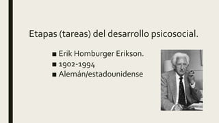 Etapas (tareas) del desarrollo psicosocial.
■ Erik Homburger Erikson.
■ 1902-1994
■ Alemán/estadounidense
 