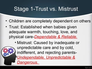 Stage 1-Trust vs. Mistrust
• Children are completely dependent on others
• Trust: Established when babies given
adequate warmth, touching, love, and
physical care-Dependable & Reliable.
• Mistrust: Caused by inadequate or
unpredictable care and by cold,
indifferent, and rejecting parents-
Undependable, Unpredictable &
Dangerous.
 