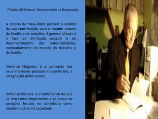 7ºidade (30-60anos): Generatividade vs Estagnação



A pessoa de meia-idade procura o sentido
da sua contribuição para o mundo através
da família e do trabalho. A generatividade é
a fase de afirmação pessoal e de
desenvolvimento das potencialidades,
nomeadamente no mundo do trabalho e
da família.


Vertente Negativa: é a centrarão nos
seus interesses pessoais e superficiais, a
estagnação pelos outros.



Vertente Positiva: é o sentimento de que
se tem coisas importantes a se passar as
gerações futuras no contributo como
membro activo na sociedade
 