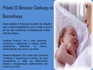 1ºidade (0-18meses): Confiança vs
Desconfiança
Este estádio é marcado a partir da relação
que o bebé estabelece com a mãe o que é
ter ou não confiança. Corresponde a fase
oral freudiana.

Vertente Positiva: Se a mãe transmitir
confiança e segurança à criança esses
sentimentos     reflectirão  no    futuro
relativamente aos ouros e ao meio.

Vertente Negativa: Se a mãe não transmitir
confiança e segurança à criança, as suas
expectativas o bebé vai desenvolver
medos e inseguranças relativamente aos
outros e ao meio.
 
