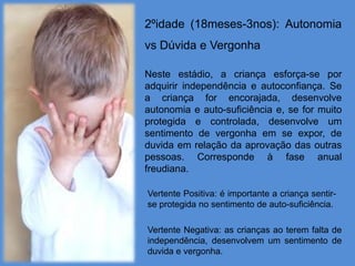 2ºidade (18meses-3nos): Autonomia
vs Dúvida e Vergonha

Neste estádio, a criança esforça-se por
adquirir independência e autoconfiança. Se
a criança for encorajada, desenvolve
autonomia e auto-suficiência e, se for muito
protegida e controlada, desenvolve um
sentimento de vergonha em se expor, de
duvida em relação da aprovação das outras
pessoas. Corresponde à fase anual
freudiana.

Vertente Positiva: é importante a criança sentir-
se protegida no sentimento de auto-suficiência.

Vertente Negativa: as crianças ao terem falta de
independência, desenvolvem um sentimento de
duvida e vergonha.
 