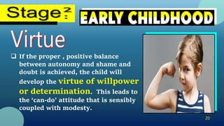 20
 If the proper , positive balance
between autonomy and shame and
doubt is achieved, the child will
develop the virtue of willpower
or determination. This leads to
the ‘can-do’ attitude that is sensibly
coupled with modesty.
 