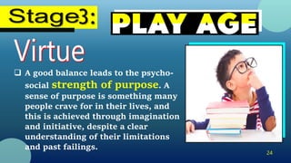 24
 A good balance leads to the psycho-
social strength of purpose. A
sense of purpose is something many
people crave for in their lives, and
this is achieved through imagination
and initiative, despite a clear
understanding of their limitations
and past failings.
 