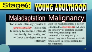 35
Too much intimacy results to
promiscuity. This is the
tendency to become intimate
too freely, too easily, and
without any depth to your
intimacy.
With too much isolation, a person
is inclined to exclusion, which is
the tendency of isolating oneself
from love, friendship, and
community. Subsequently, a
person may even develop a certain
hatefulness in compensation for
his loneliness.
 