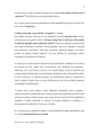 Docente: dr. Artur Américo Chanjale
6
O modo como a criança responde à questão básica “será o meu mundo social previsível
e protector?” terá reflexos no seu comportamento futuro.
Se a vertente positiva triunfa ou predomina, a virtude (qualidade do Ego) que se desenvolve
tem o nome de esperança.
2ª Idade: autonomia versus dúvida e vergonha (2 – 3 anos)
Este estágio nomeado, mais uma vez por influência de Freud, muscular-anal, coloca a
criança perante uma questão crucial: “será que consigo fazer as coisas por mim próprio
ou tenho de depender quase sempre dos outros?” trata-se da segunda crise psicossocial
com a qual o indivíduo se confronta. Terá de aprender a lidar com a dúvida e a vergonha
para conquistar a autonomia. Nesta fase, autonomia significará adquirir um relativo
controlo de algumas funções orgânicas, um certo domínio da coordenação motora,
capacidade de manipulação de objectos.
A criança que no estádio anterior desenvolveu um sentimento de confiança em si mesma e
nas pessoas que dela cuidam terá, provavelmente, mais facilidade em conquistar a
autonomia, isto é, em afirmar e exercer a sua vontade própria. Como se manifesta essa
vontade própria? Obedecendo a certas instruções, desafiando outras e efectuando escolhas.
As birras (teimosia), os constantes porquês, são manifestações típicas de autonomia tal
como a vontade de querer fazer as coisas sozinho mesmo que não seja ainda competente
(necessidade de experimentar).
O modo como os pais reagem é muito importante: demasiadas críticas, punições e
repreensões podem contribuir para que a criança duvide da sua capacidade para fazer certas
coisas por si própria. Erikson pensava que os pais deviam dosear de forma equilibrada a
assistência à criança (sobretudo no controlo das funções higiénicas e sanitárias) e o
encorajamento da exploração do meio por si própria.
Se a vertente positiva predomina adquire-se uma qualidade psicológica (qualidade do ego
ou virtude) denominada força de vontade.
 