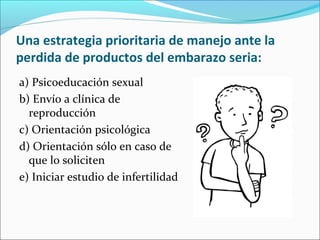 Una estrategia prioritaria de manejo ante la
perdida de productos del embarazo seria:
a) Psicoeducación sexual
b) Envío a clínica de
reproducción
c) Orientación psicológica
d) Orientación sólo en caso de
que lo soliciten
e) Iniciar estudio de infertilidad
 