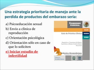 Una estrategia prioritaria de manejo ante la
perdida de productos del embarazo seria:
a) Psicoeducación sexual
b) Envío a clínica de
reproducción
c) Orientación psicológica
d) Orientación sólo en caso de
que lo soliciten
e) Iniciar estudio de
infertilidad
 
