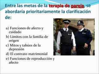 Entre las metas de la terapia deterapia de parejapareja, se
abordaría prioritariamente la clarificación
de:
a) Funciones de afecto y
cuidado
b) Límites con la familia de
origen
c) Mitos y tabúes de la
depresión
d) El contrato matrimonial
e) Funciones de reproducción y
afecto
 