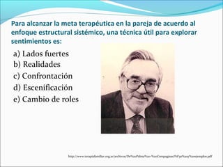 Para alcanzar la meta terapéutica en la pareja de acuerdo al
enfoque estructural sistémico, una técnica útil para explorar
sentimientos es:
a) Lados fuertes
b) Realidades.
c) Confrontación
d) Escenificación
e) Cambio de roles
http://www.terapiafamiliar.org.ar/archivos/De%20Palma%20-%20Compaginaci%F3n%20y%20ejemplos.pdf
 