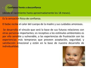 I.   Confianza frente a desconfianza

(desde el nacimiento hasta aproximadamente los 18 meses).

Es la sensación física de confianza.

El bebe recibe el calor del cuerpo de la madre y sus cuidados amorosos.

 Se desarrolla el vínculo que será la base de sus futuras relaciones con
otras personas importantes; es receptivo a los estímulos ambientales es
por ello sensible y vulnerable, a las experiencias de frustración son las
experiencias más tempranas que proveen aceptación, seguridad, y
satisfacción emocional y están en la base de nuestro desarrollo de
individualidad.
 