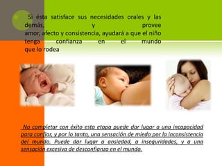      Si ésta satisface sus necesidades orales y las
     demás,                  y                  provee
     amor, afecto y consistencia, ayudará a que el niño
     tenga      confianza       en      el     mundo
     que lo rodea




     No completar con éxito esta etapa puede dar lugar a una incapacidad
    para confiar, y por lo tanto, una sensación de miedo por la inconsistencia
    del mundo. Puede dar lugar a ansiedad, a inseguridades, y a una
    sensación excesiva de desconfianza en el mundo.
 