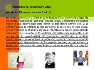 II.   Autonomía vs. Vergüenza y Duda
(desde los 18 meses hasta los 3 años )
los niños comienzan a afirmar su independencia, caminando lejos de
su madre, escogiendo con qué juguete jugar, y haciendo elecciones
sobre lo que quiere usar para vestir, lo que desea comer, etc. Si se
anima y apoya la independencia creciente de los niños en esta etapa,
se vuelven más confiados y seguros respecto a su propia capacidad de
sobrevivir en el mundo. Si los critican, controlan excesivamente, o no
se les da la oportunidad de afirmarse, comienzan a sentirse
inadecuados en su capacidad de sobrevivir, y pueden entonces volverse
excesivamente dependiente de los demás, carecer de autoestima, y
tener una sensación de vergüenza o dudas acerca de sus propias
capacidades.
 