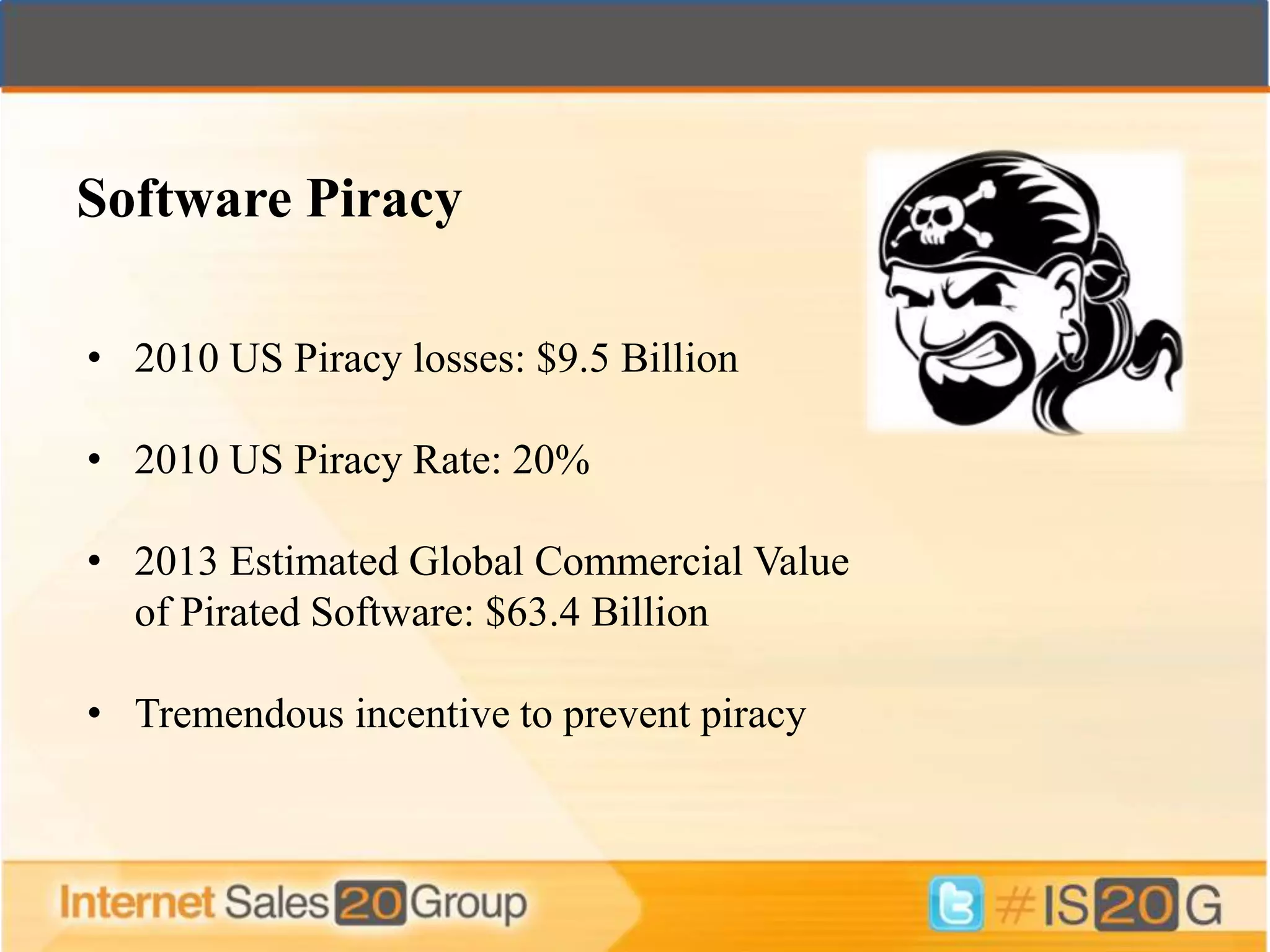Software Piracy

• 2010 US Piracy losses: $9.5 Billion

• 2010 US Piracy Rate: 20%

• 2013 Estimated Global Commercial Value
  of Pirated Software: $63.4 Billion

• Tremendous incentive to prevent piracy
 