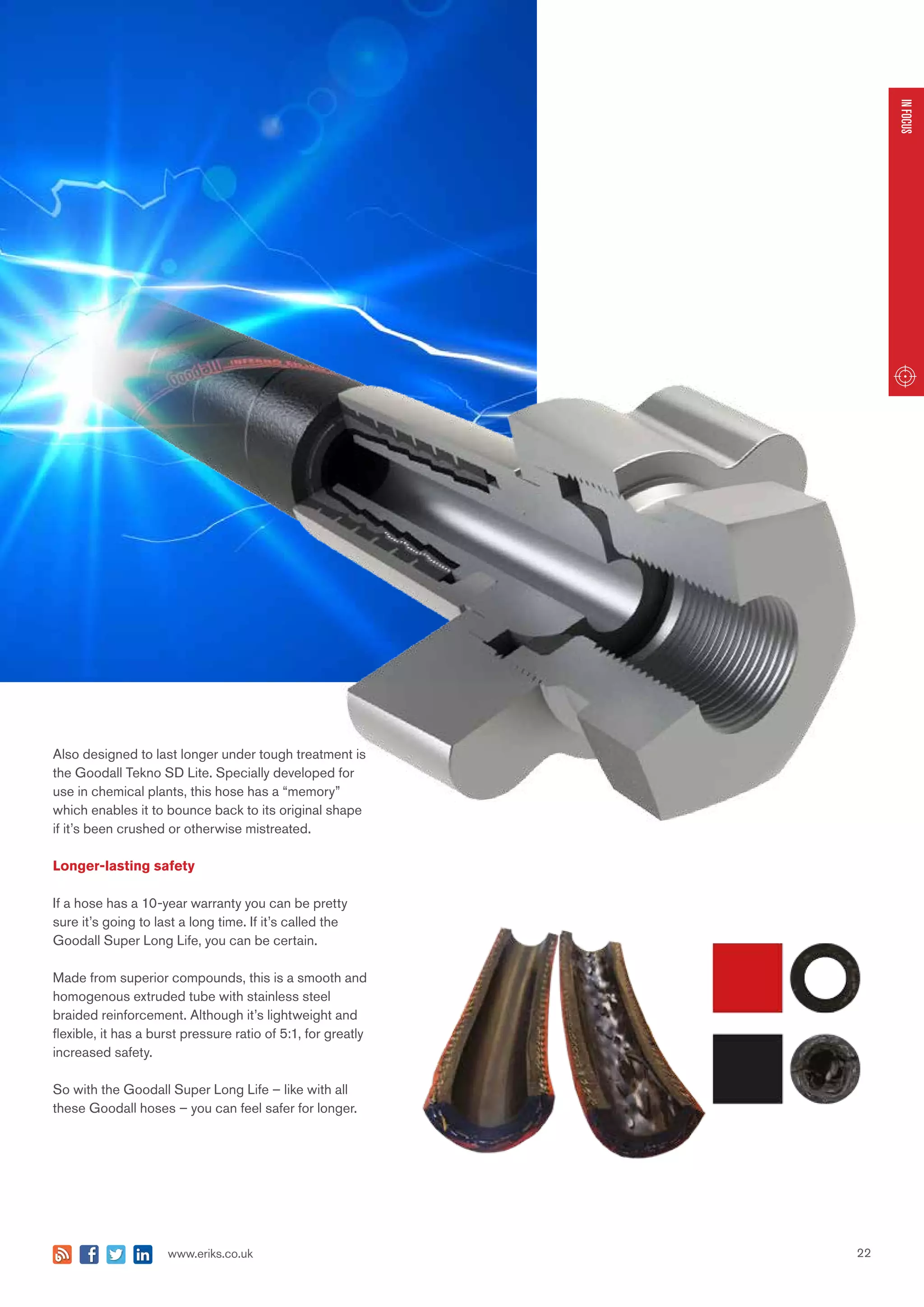 22www.eriks.co.uk
INFOCUS
Also designed to last longer under tough treatment is
the Goodall Tekno SD Lite. Specially developed for
use in chemical plants, this hose has a “memory”
which enables it to bounce back to its original shape
if it’s been crushed or otherwise mistreated.
Longer-lasting safety
If a hose has a 10-year warranty you can be pretty
sure it’s going to last a long time. If it’s called the
Goodall Super Long Life, you can be certain.
Made from superior compounds, this is a smooth and
homogenous extruded tube with stainless steel
braided reinforcement. Although it’s lightweight and
flexible, it has a burst pressure ratio of 5:1, for greatly
increased safety.
So with the Goodall Super Long Life – like with all
these Goodall hoses – you can feel safer for longer.
 