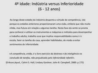 Eriksondá especial importância ao período da adolescência, em que se verificam acontecimentos relevantes para a personalidade adulta. Teoria Psicossocial do DesenvolvimentoCada estágio contribui para a formação da personalidade total. Como cada criança tem um ritmo cronológico específico, não se deve atribuir uma duração exacta a cada estádio.