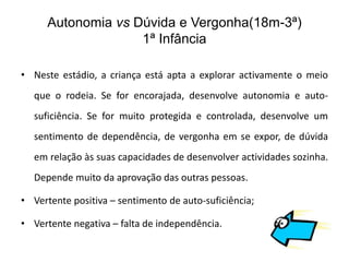 Autonomia vs Dúvida e Vergonha(18m-3ª)
                    1ª Infância

• Neste estádio, a criança está apta a explorar activamente o meio
  que o rodeia. Se for encorajada, desenvolve autonomia e auto-
  suficiência. Se for muito protegida e controlada, desenvolve um
  sentimento de dependência, de vergonha em se expor, de dúvida
  em relação às suas capacidades de desenvolver actividades sozinha.
  Depende muito da aprovação das outras pessoas.

• Vertente positiva – sentimento de auto-suficiência;

• Vertente negativa – falta de independência.
 