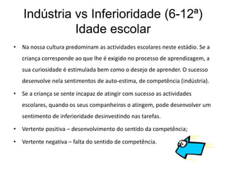 Indústria vs Inferioridade (6-12ª)
             Idade escolar
• Na nossa cultura predominam as actividades escolares neste estádio. Se a
   criança corresponde ao que lhe é exigido no processo de aprendizagem, a
   sua curiosidade é estimulada bem como o desejo de aprender. O sucesso
   desenvolve nela sentimentos de auto-estima, de competência (indústria).

• Se a criança se sente incapaz de atingir com sucesso as actividades
   escolares, quando os seus companheiros o atingem, pode desenvolver um
   sentimento de inferioridade desinvestindo nas tarefas.

• Vertente positiva – desenvolvimento do sentido da competência;

• Vertente negativa – falta do sentido de competência.
 