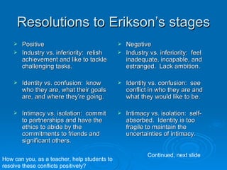 Resolutions to Erikson’s stages
     Positive                                 Negative
     Industry vs. inferiority: relish         Industry vs. inferiority: feel
      achievement and like to tackle            inadequate, incapable, and
      challenging tasks.                        estranged. Lack ambition.

       Identity vs. confusion: know             Identity vs. confusion: see
        who they are, what their goals            conflict in who they are and
        are, and where they’re going.             what they would like to be.

       Intimacy vs. isolation: commit           Intimacy vs. isolation: self-
        to partnerships and have the              absorbed. Identity is too
        ethics to abide by the                    fragile to maintain the
        commitments to friends and                uncertainties of intimacy.
        significant others.

                                                          Continued, next slide
How can you, as a teacher, help students to
resolve these conflicts positively?
 
