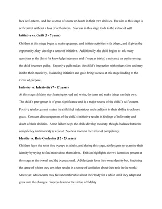 lack self-esteem, and feel a sense of shame or doubt in their own abilities. The aim at this stage is
self control without a loss of self-esteem. Success in this stage leads to the virtue of will.
Initiative vs. Guilt (3 - 7 years)
Children at this stage begin to make up games, and initiate activities with others, and if given the
opportunity, they develop a sense of initiative. Additionally, the child begins to ask many
questions as the thirst for knowledge increases and if seen as trivial, a nuisance or embarrassing
the child becomes guilty. Excessive guilt makes the child’s interaction with others slow and may
inhibit their creativity. Balancing initiative and guilt bring success at this stage leading to the
virtue of purpose.
Industry vs. Inferiority (7 - 12 years)
At this stage children start learning to read and write, do sums and make things on their own.
The child’s peer group is of great significance and is a major source of the child’s self esteem.
Positive reinforcement makes the child feel industrious and confident in their ability to achieve
goals. Constant discouragement of the child’s initiative results in feelings of inferiority and
doubt of their abilities. Some failure helps the child develop modesty, though, balance between
competency and modesty is crucial. Success leads to the virtue of competency.
Identity vs. Role Confusion (12 - 25 years)
Children learn the roles they occupy as adults, and during this stage, adolescents re-examine their
identity by trying to find more about themselves. Erikson highlights the two identities present at
this stage as the sexual and the occupational. Adolescents form their own identity but, hindering
the sense of whom they are often results in a sense of confusion about their role in the world.
Moreover, adolescents may feel uncomfortable about their body for a while until they adapt and
grow into the changes. Success leads to the virtue of fidelity.
 