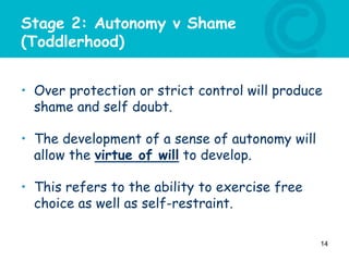 Stage 2: Autonomy v Shame
(Toddlerhood)
• Over protection or strict control will produce
shame and self doubt.
• The development of a sense of autonomy will
allow the virtue of will to develop.
• This refers to the ability to exercise free
choice as well as self-restraint.
14
 