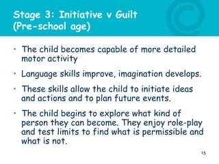 Stage 3: Initiative v Guilt
(Pre-school age)
• The child becomes capable of more detailed
motor activity
• Language skills improve, imagination develops.
• These skills allow the child to initiate ideas
and actions and to plan future events.
• The child begins to explore what kind of
person they can become. They enjoy role-play
and test limits to find what is permissible and
what is not.
15
 