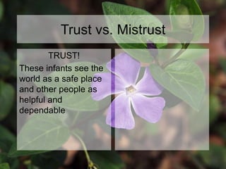 Trust vs. Mistrust
TRUST!
These infants see the
world as a safe place
and other people as
helpful and
dependable
 